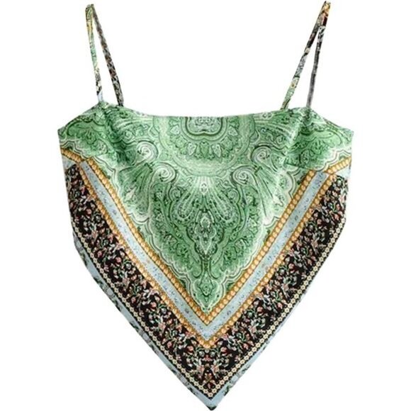 Green Printed Satin Silk Bandana Crop Top Tie Back Triangle Sleeveless Cami Top - Picture 8 of 9